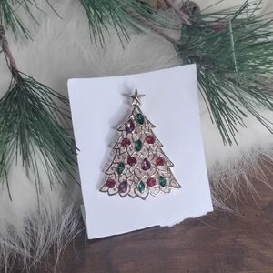 Vintage Christmas Tree Brooch with Red and Green Jewels